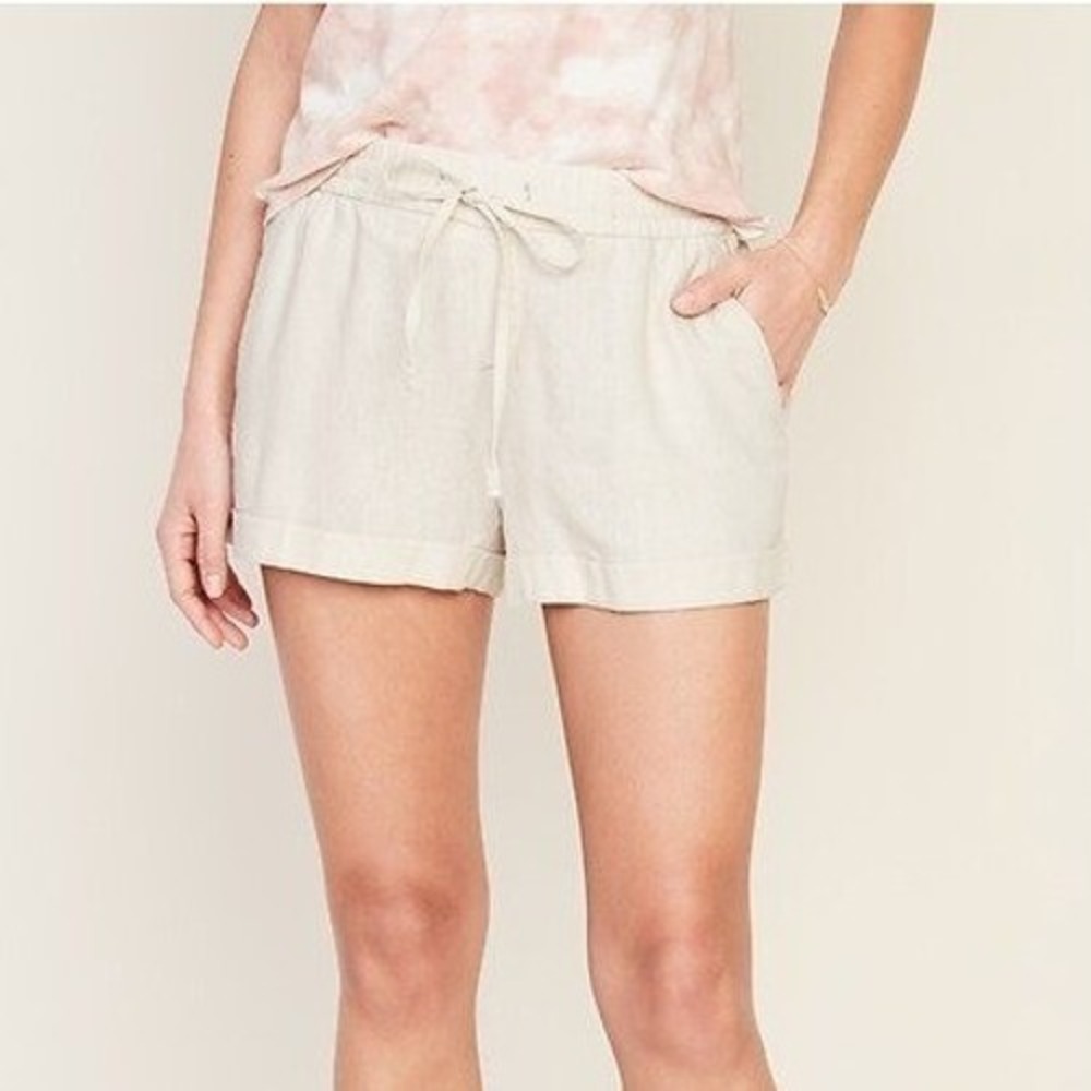 Womens White Linen Blend Drawstring Pull On Shorts Large Classic Summer Beach - Picture 2 of 7